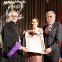 Prelate Presents “St. Mesrob Mashdots” Emblem to Sam And Sylva Simonian on Behalf of His Holiness Catholicos Aram I at the AEF 70th Anniversary Gala